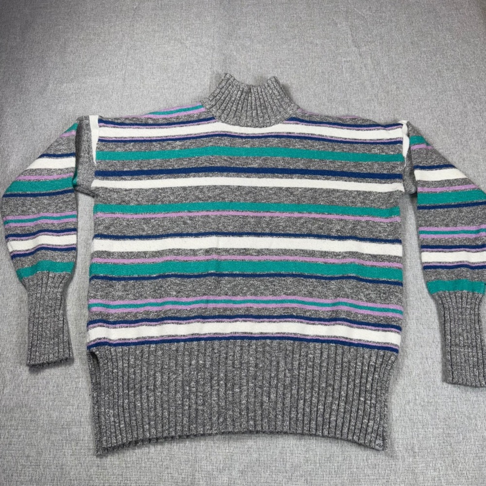 VTG Eddie Bauer Womens Mock Neck Striped Sweater Gray Teal Purple L Cotton Blend